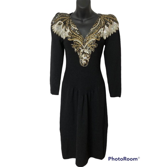 Pat Sandler Neiman Marcus Vintage Dress Sz 10 Black Gold Sequins Cocktail - Picture 1 of 9
